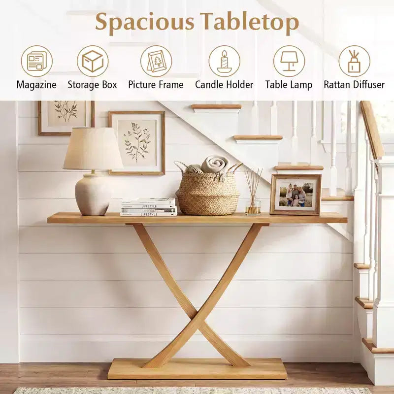 Costway Table console 47 en bois massif, table de canapé étroite de ferme à 2 niveaux avec cadre en bois de teck Naturel-47/46/57/71