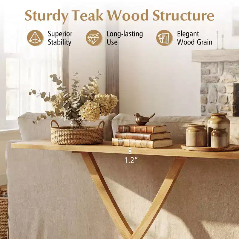 Costway Table console 47 en bois massif, table de canapé étroite de ferme à 2 niveaux avec cadre en bois de teck Naturel-47/46/57/71