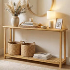 Costway Table console 47 en bois massif, table de canapé étroite de ferme à 2 niveaux avec cadre en bois de teck Naturel-47/46/57/71