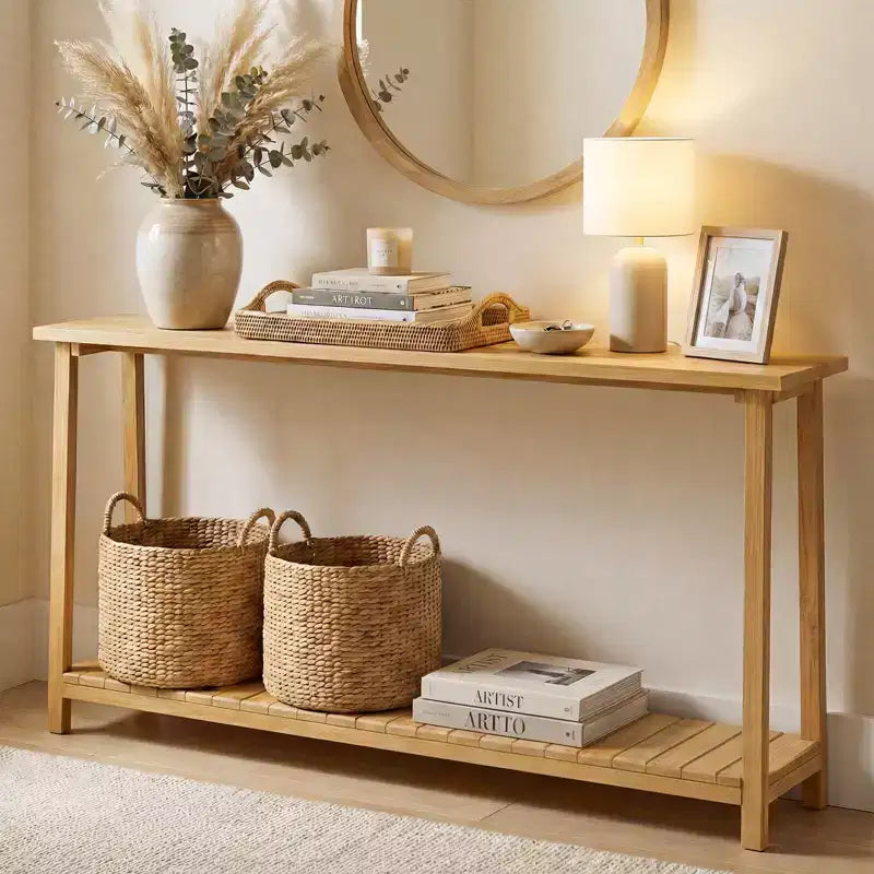 Costway Table console 47 en bois massif, table de canapé étroite de ferme à 2 niveaux avec cadre en bois de teck Naturel-47/46/57/71