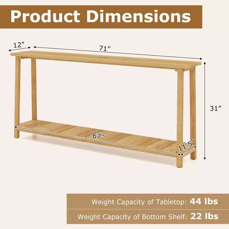 Costway Table console 47 en bois massif, table de canapé étroite de ferme à 2 niveaux avec cadre en bois de teck Naturel-47/46/57/71