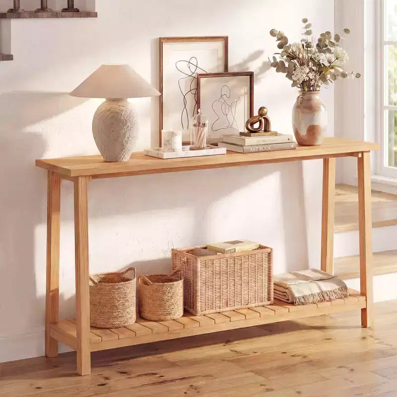 Costway Table console 47 en bois massif, table de canapé étroite de ferme à 2 niveaux avec cadre en bois de teck Naturel-47/46/57/71