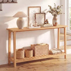 Costway Table console 47 en bois massif, table de canapé étroite de ferme à 2 niveaux avec cadre en bois de teck Naturel-47/46/57/71