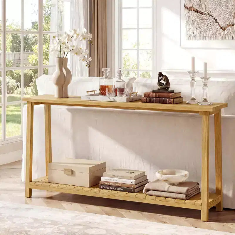 Costway Table console 47 en bois massif, table de canapé étroite de ferme à 2 niveaux avec cadre en bois de teck Naturel-47/46/57/71