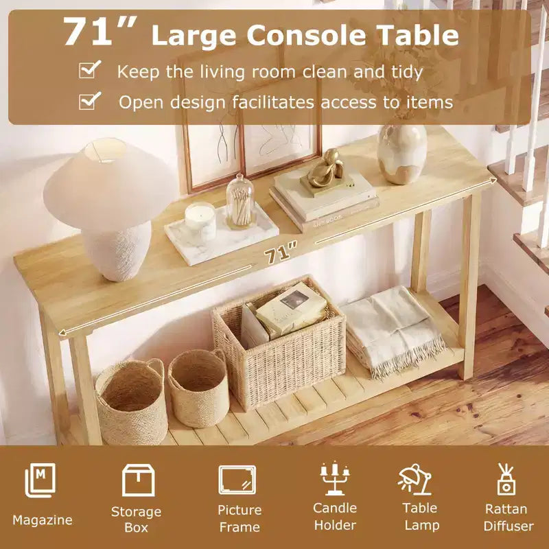 Costway Table console 47 en bois massif, table de canapé étroite de ferme à 2 niveaux avec cadre en bois de teck Naturel-47/46/57/71