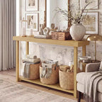 Costway Table console 47 en bois massif, table de canapé étroite de ferme à 2 niveaux avec cadre en bois de teck Naturel-47/46/57/71