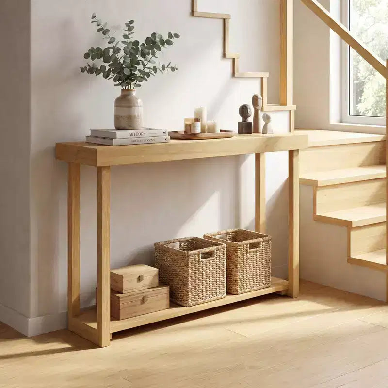 Costway Table console 47 en bois massif, table de canapé étroite de ferme à 2 niveaux avec cadre en bois de teck Naturel-47/46/57/71