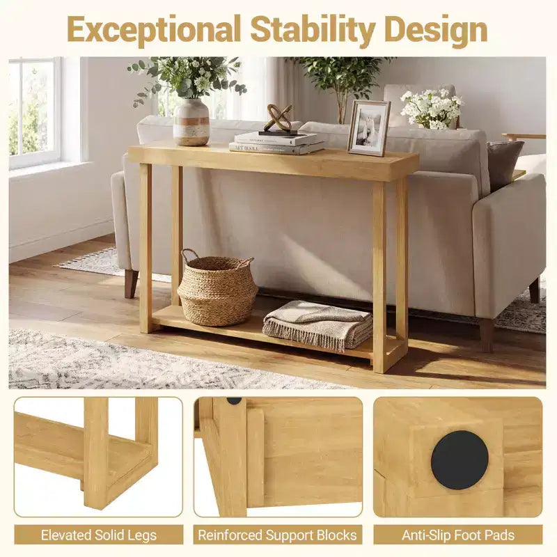 Costway Table console 47 en bois massif, table de canapé étroite de ferme à 2 niveaux avec cadre en bois de teck Naturel-47/46/57/71