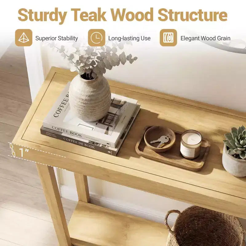 Costway Table console 47 en bois massif, table de canapé étroite de ferme à 2 niveaux avec cadre en bois de teck Naturel-47/46/57/71