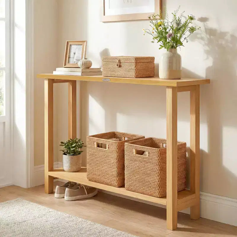 Costway Table console 47 en bois massif, table de canapé étroite de ferme à 2 niveaux avec cadre en bois de teck Naturel-47/46/57/71