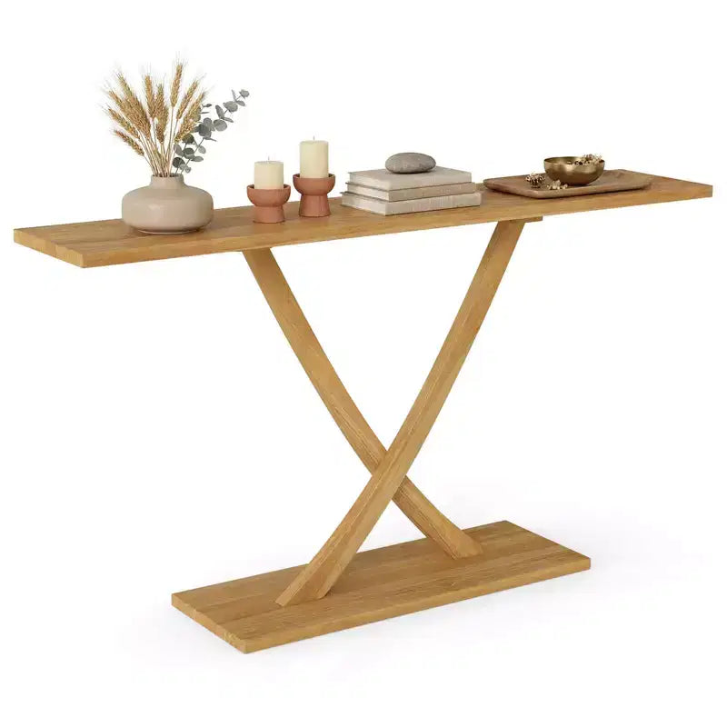 Costway Table console 47 en bois massif, table de canapé étroite de ferme à 2 niveaux avec cadre en bois de teck Naturel-47/46/57/71
