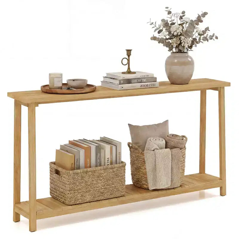 Costway Table console 47 en bois massif, table de canapé étroite de ferme à 2 niveaux avec cadre en bois de teck Naturel-47/46/57/71