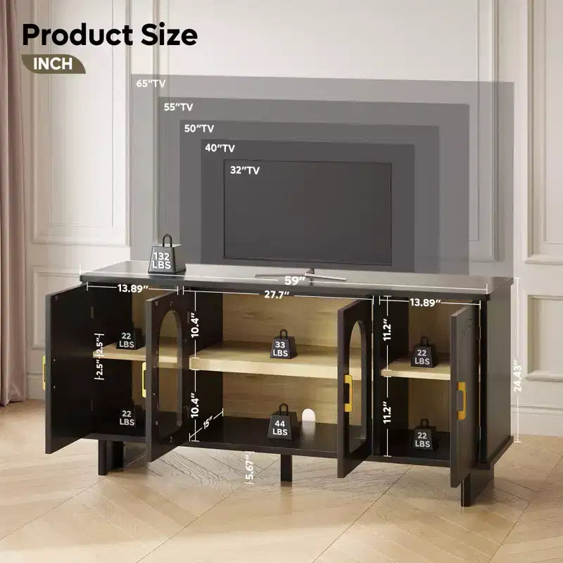 Meuble TV Bestier 60 pouces pour téléviseur 65 pouces, console multimédia moderne avec portes vitrées et étagères réglables pour salon et chambre à coucher