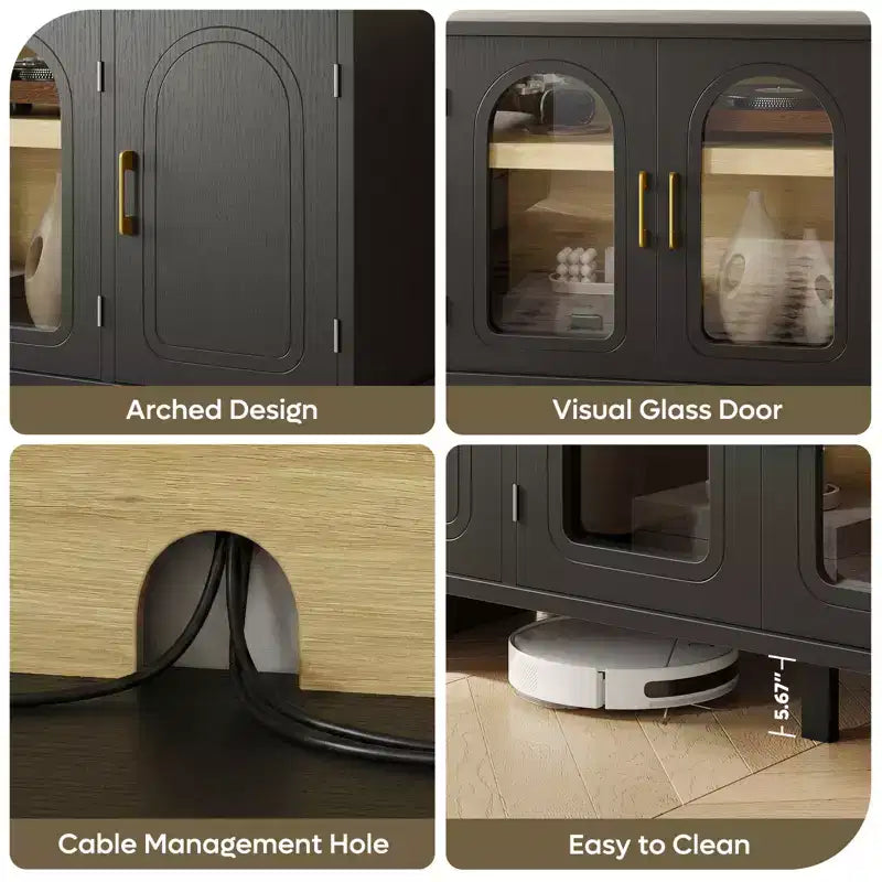 Meuble TV Bestier 60 pouces pour téléviseur 65 pouces, console multimédia moderne avec portes vitrées et étagères réglables pour salon et chambre à coucher