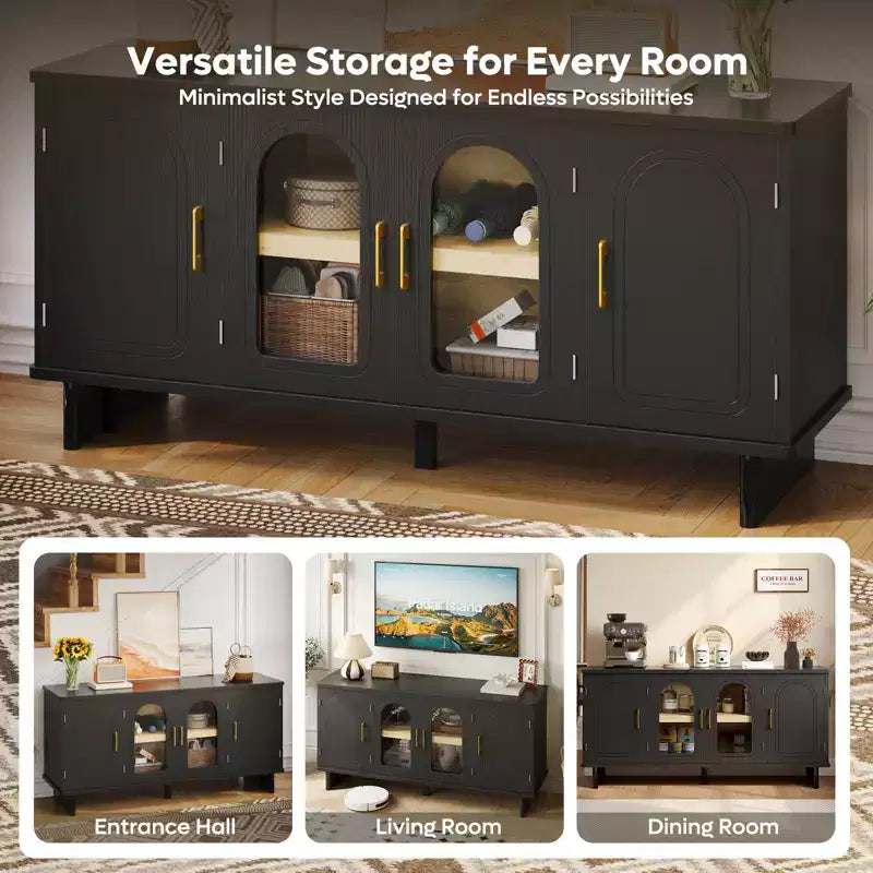 Meuble TV Bestier 60 pouces pour téléviseur 65 pouces, console multimédia moderne avec portes vitrées et étagères réglables pour salon et chambre à coucher
