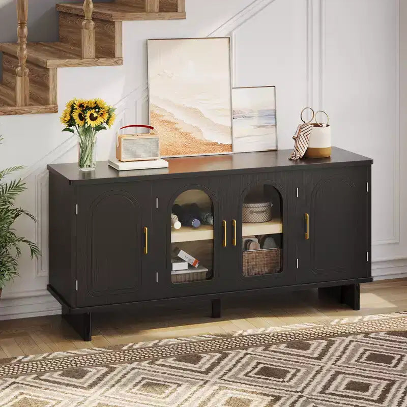 Meuble TV Bestier 60 pouces pour téléviseur 65 pouces, console multimédia moderne avec portes vitrées et étagères réglables pour salon et chambre à coucher