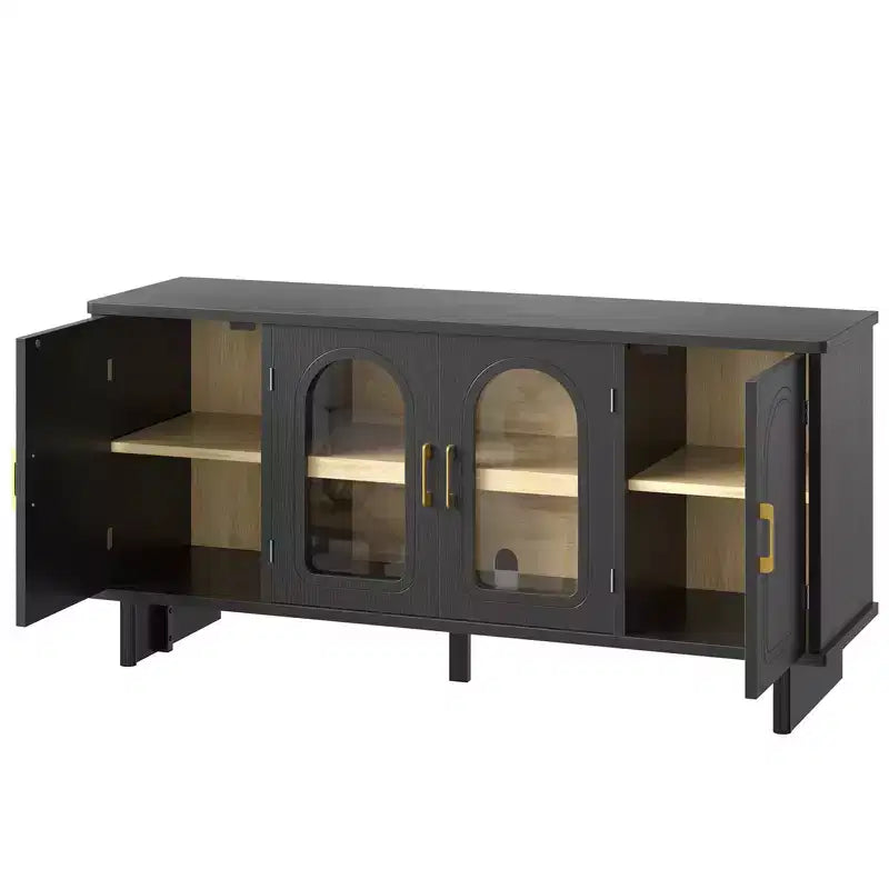 Meuble TV Bestier 60 pouces pour téléviseur 65 pouces, console multimédia moderne avec portes vitrées et étagères réglables pour salon et chambre à coucher