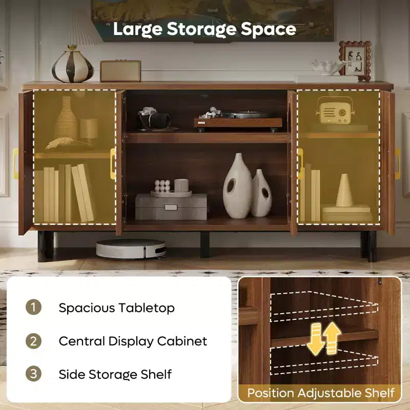 Meuble TV Bestier 60 pouces pour téléviseur 65 pouces, console multimédia moderne avec portes vitrées et étagères réglables pour salon et chambre à coucher