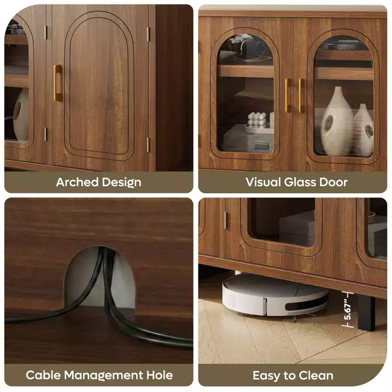 Meuble TV Bestier 60 pouces pour téléviseur 65 pouces, console multimédia moderne avec portes vitrées et étagères réglables pour salon et chambre à coucher