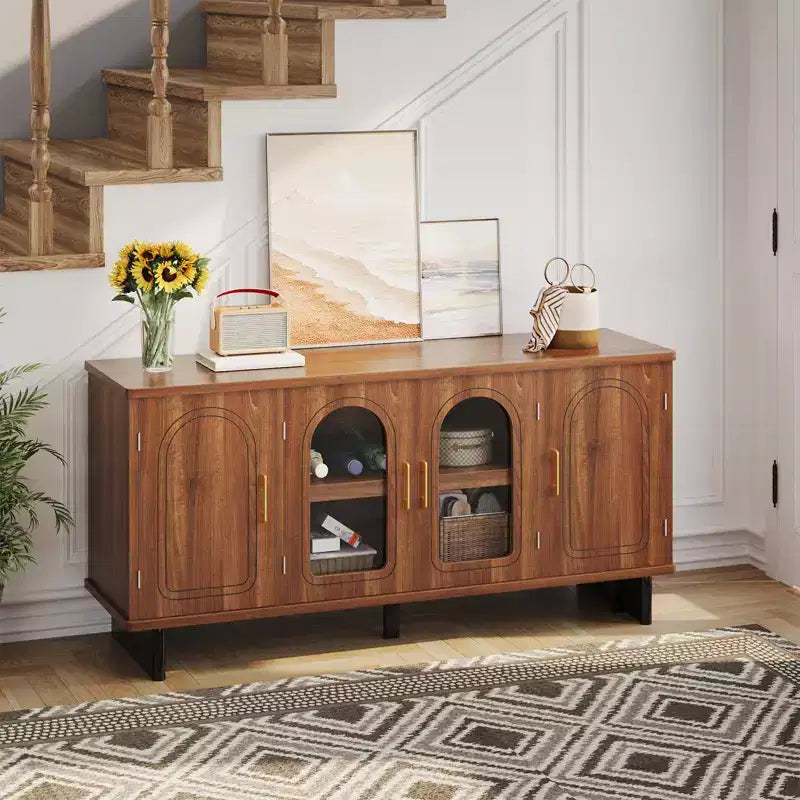 Meuble TV Bestier 60 pouces pour téléviseur 65 pouces, console multimédia moderne avec portes vitrées et étagères réglables pour salon et chambre à coucher