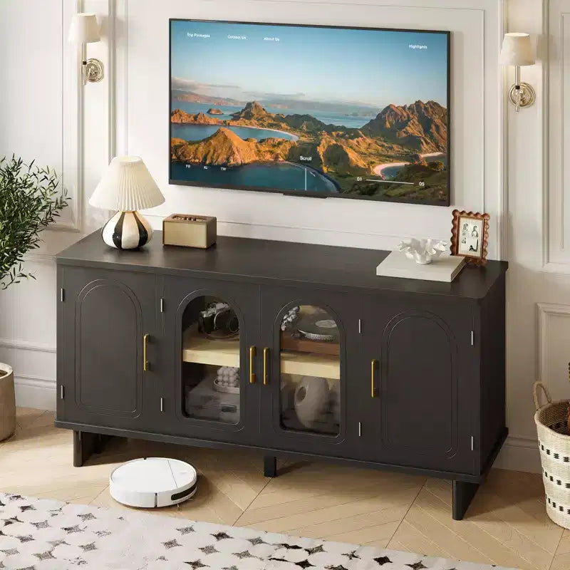 Meuble TV Bestier 60 pouces pour téléviseur 65 pouces, console multimédia moderne avec portes vitrées et étagères réglables pour salon et chambre à coucher