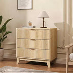 Fluted Night stand with 3 Drawer Dresser, Storage Nightstand Modern Side Table, 27 Wide Bedside End Table with Metal HandleNatural Oak