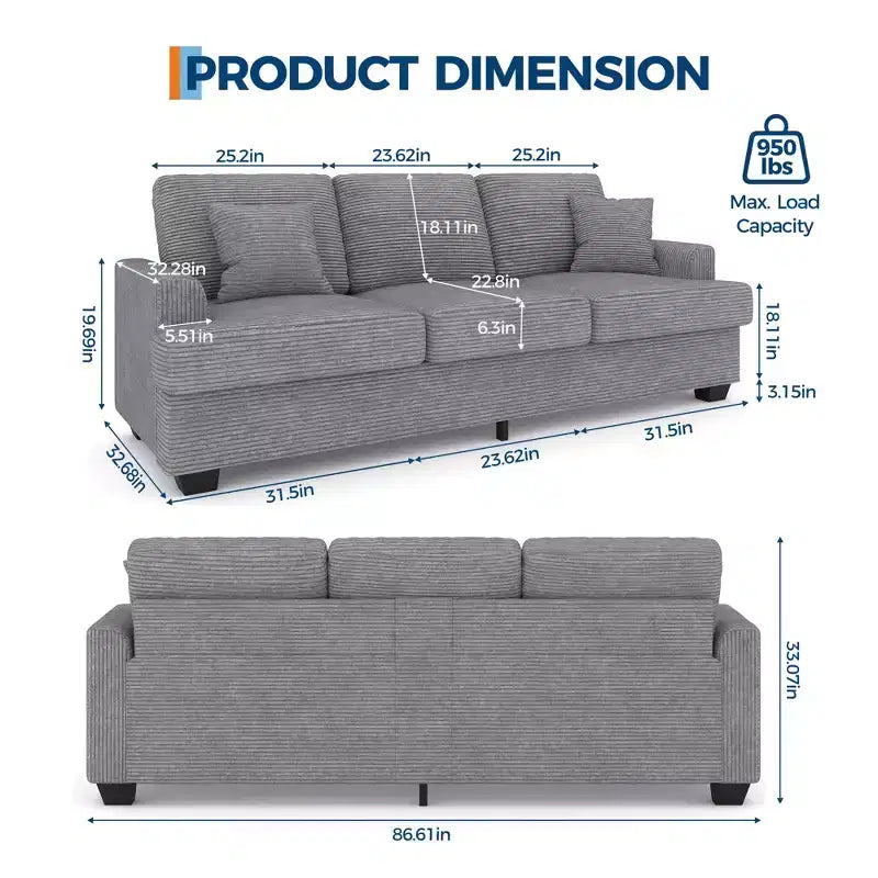 Canapé 86 places en cuir/velours côtelé, canapé moderne à assise profonde avec 2 coussins décoratifs, coussin rembourré et housse amovible pour petits espaces, appartements et salons
