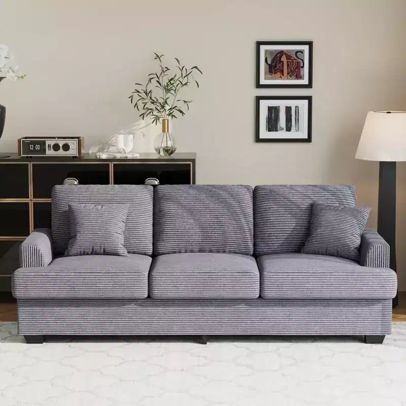 Canapé 86 places en cuir/velours côtelé, canapé moderne à assise profonde avec 2 coussins décoratifs, coussin rembourré et housse amovible pour petits espaces, appartements et salons