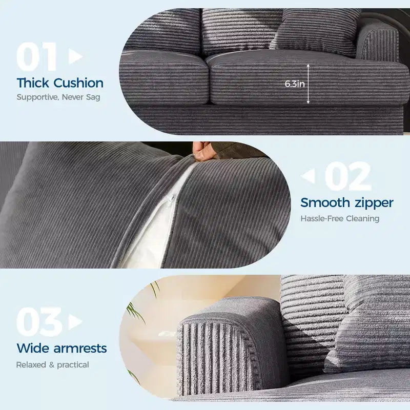 Canapé 86 places en cuir/velours côtelé, canapé moderne à assise profonde avec 2 coussins décoratifs, coussin rembourré et housse amovible pour petits espaces, appartements et salons