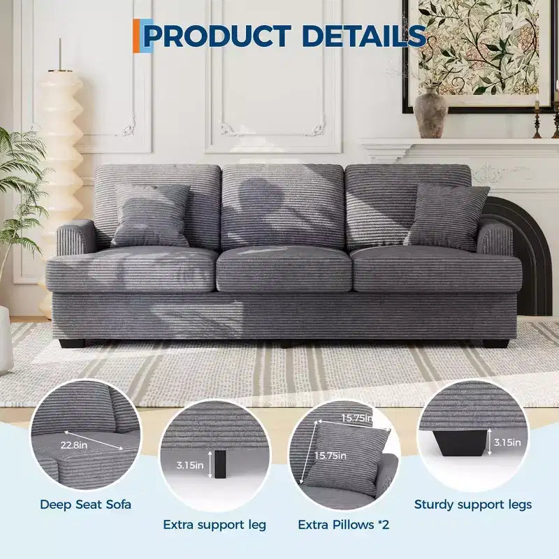 Canapé 86 places en cuir/velours côtelé, canapé moderne à assise profonde avec 2 coussins décoratifs, coussin rembourré et housse amovible pour petits espaces, appartements et salons