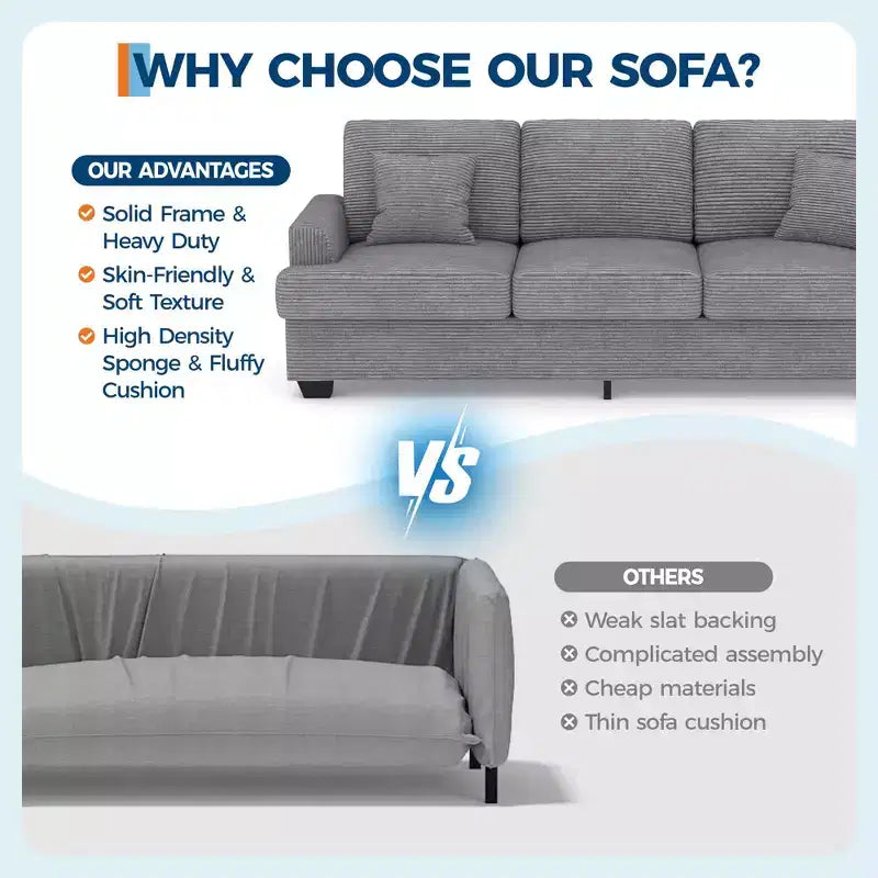 Canapé 86 places en cuir/velours côtelé, canapé moderne à assise profonde avec 2 coussins décoratifs, coussin rembourré et housse amovible pour petits espaces, appartements et salons