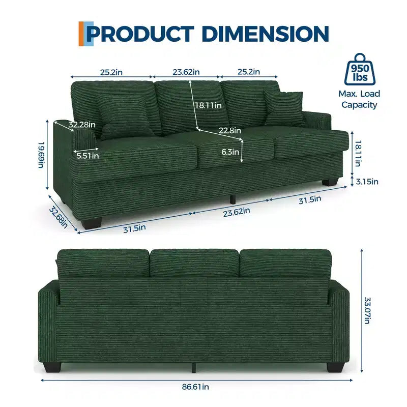 Canapé 86 places en cuir/velours côtelé, canapé moderne à assise profonde avec 2 coussins décoratifs, coussin rembourré et housse amovible pour petits espaces, appartements et salons