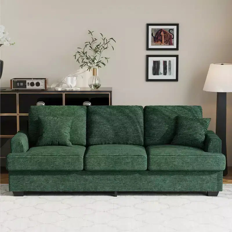 Canapé 86 places en cuir/velours côtelé, canapé moderne à assise profonde avec 2 coussins décoratifs, coussin rembourré et housse amovible pour petits espaces, appartements et salons