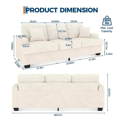 Canapé 86 places en cuir/velours côtelé, canapé moderne à assise profonde avec 2 coussins décoratifs, coussin rembourré et housse amovible pour petits espaces, appartements et salons