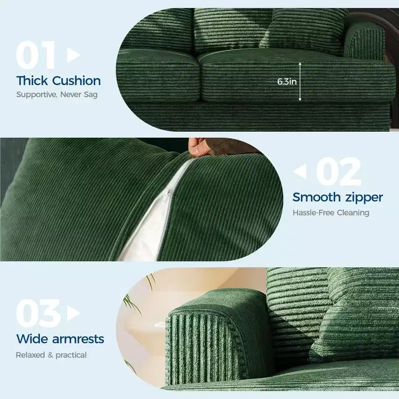 Canapé 86 places en cuir/velours côtelé, canapé moderne à assise profonde avec 2 coussins décoratifs, coussin rembourré et housse amovible pour petits espaces, appartements et salons