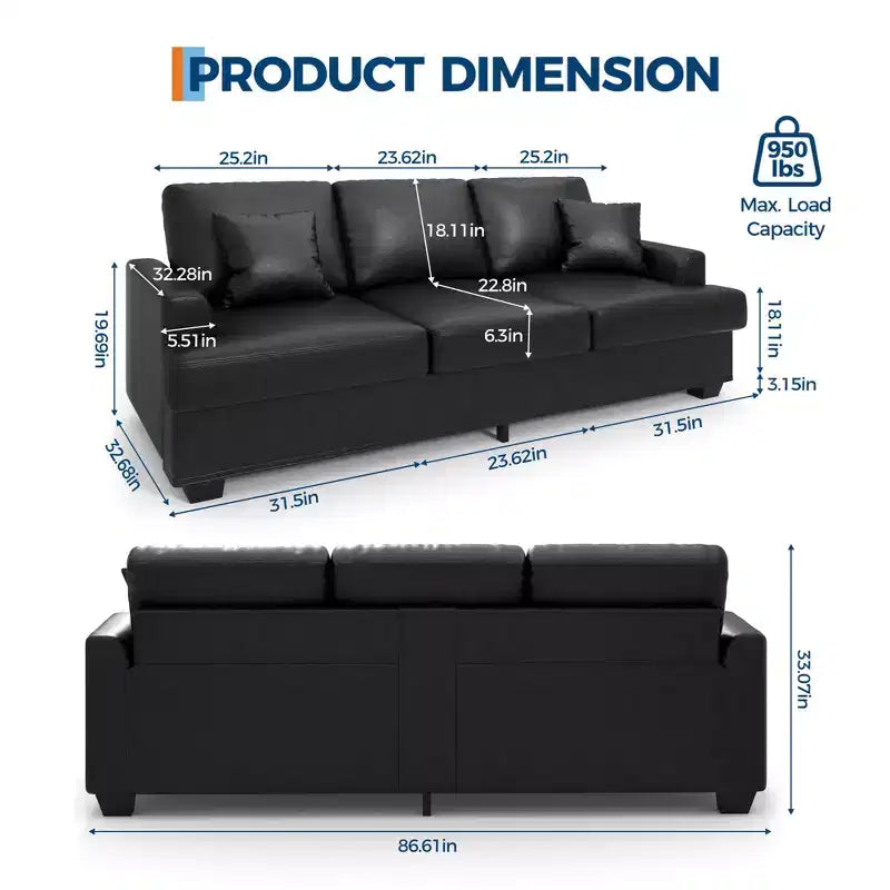 Canapé 86 places en cuir/velours côtelé, canapé moderne à assise profonde avec 2 coussins décoratifs, coussin rembourré et housse amovible pour petits espaces, appartements et salons