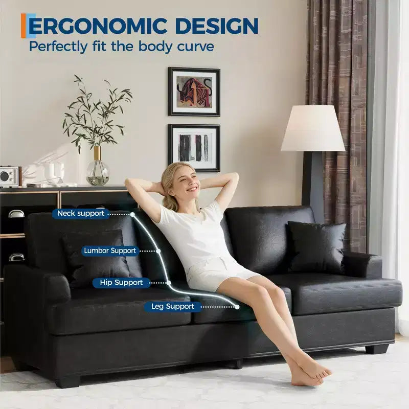 Canapé 86 places en cuir/velours côtelé, canapé moderne à assise profonde avec 2 coussins décoratifs, coussin rembourré et housse amovible pour petits espaces, appartements et salons