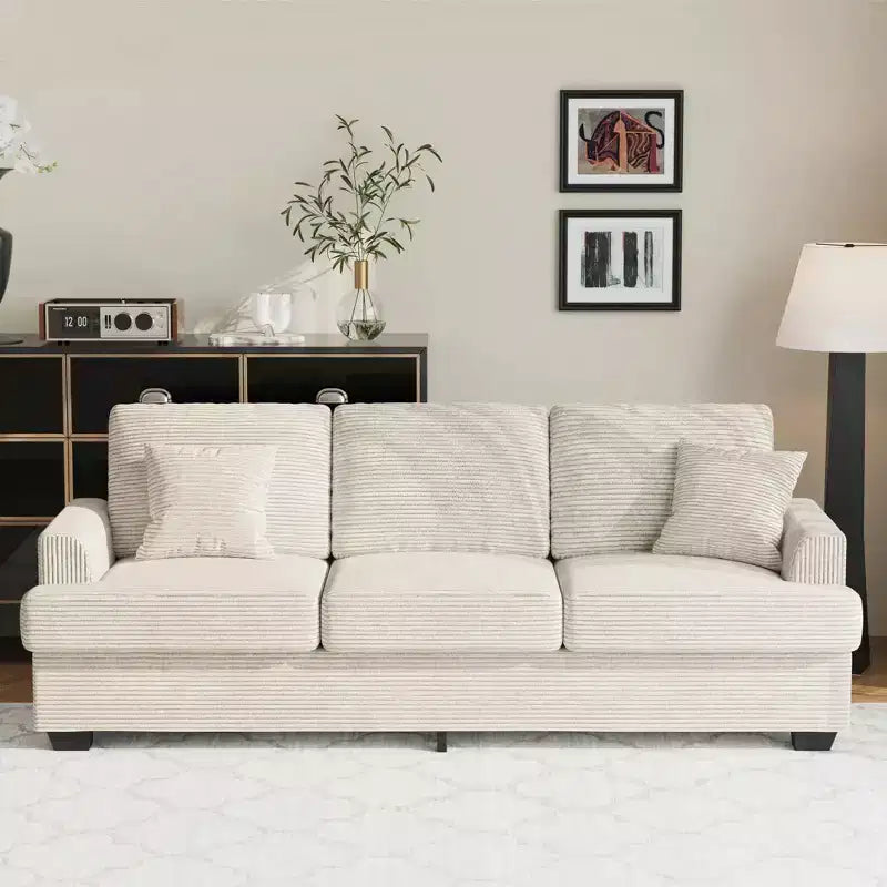 Canapé 86 places en cuir/velours côtelé, canapé moderne à assise profonde avec 2 coussins décoratifs, coussin rembourré et housse amovible pour petits espaces, appartements et salons