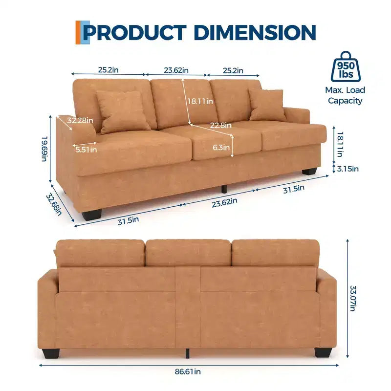 Canapé 86 places en cuir/velours côtelé, canapé moderne à assise profonde avec 2 coussins décoratifs, coussin rembourré et housse amovible pour petits espaces, appartements et salons
