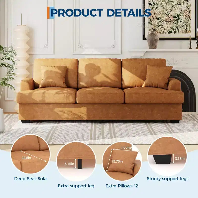 Canapé 86 places en cuir/velours côtelé, canapé moderne à assise profonde avec 2 coussins décoratifs, coussin rembourré et housse amovible pour petits espaces, appartements et salons