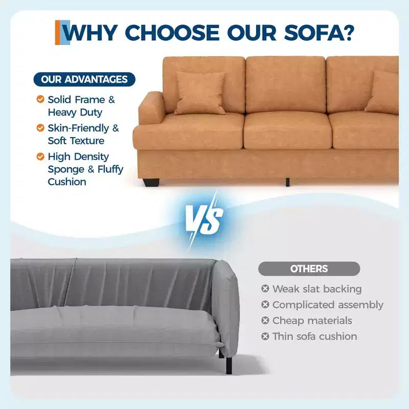 Canapé 86 places en cuir/velours côtelé, canapé moderne à assise profonde avec 2 coussins décoratifs, coussin rembourré et housse amovible pour petits espaces, appartements et salons
