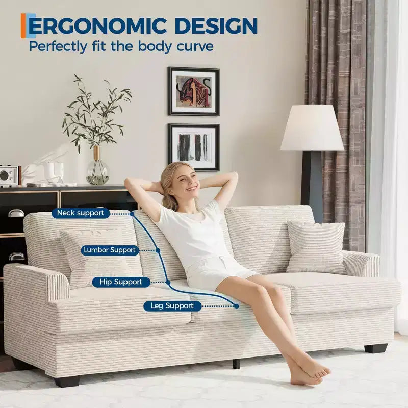 Canapé 86 places en cuir/velours côtelé, canapé moderne à assise profonde avec 2 coussins décoratifs, coussin rembourré et housse amovible pour petits espaces, appartements et salons