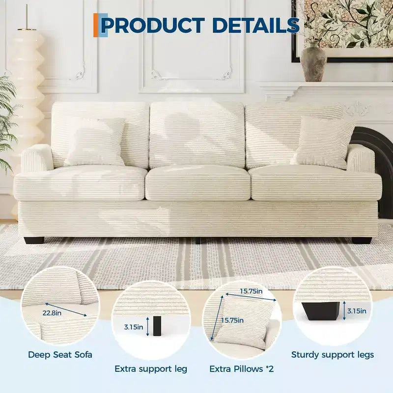 Canapé 86 places en cuir/velours côtelé, canapé moderne à assise profonde avec 2 coussins décoratifs, coussin rembourré et housse amovible pour petits espaces, appartements et salons