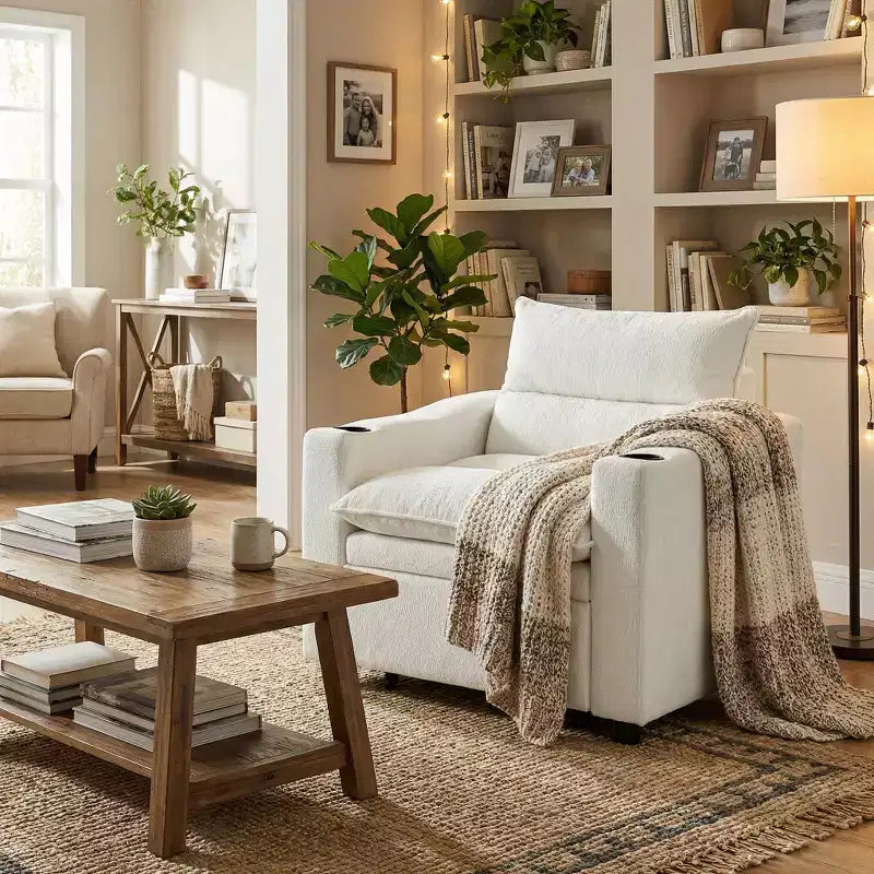 Fauteuil Convertible FurnitureR avec Lit Extensible et Porte-Gobelets, Fauteuil-Lit en Velours Litchi pour Salon, Chambre d'amis ou Petit Espace, Crème