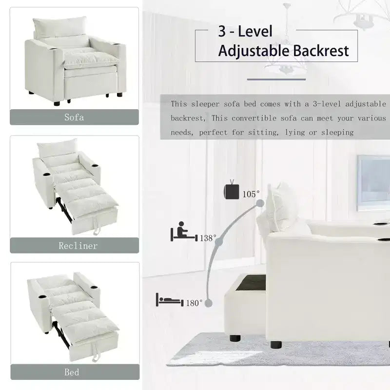 Fauteuil Convertible FurnitureR avec Lit Extensible et Porte-Gobelets, Fauteuil-Lit en Velours Litchi pour Salon, Chambre d'amis ou Petit Espace, Crème