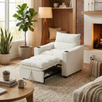 Fauteuil Convertible FurnitureR avec Lit Extensible et Porte-Gobelets, Fauteuil-Lit en Velours Litchi pour Salon, Chambre d'amis ou Petit Espace, Crème
