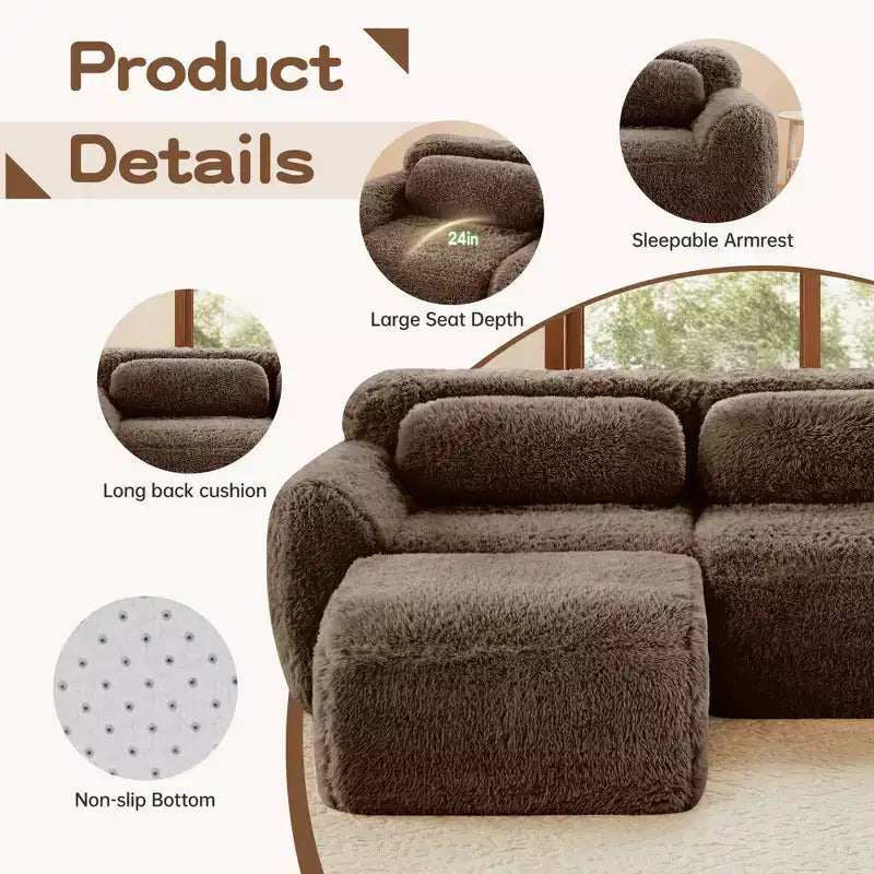 Canapé sectionnel modulaire en peluche FurnitureR avec ottoman, canapé nuage à assise profonde, en forme de L, rembourré pour salon, grand canapé moderne, marron