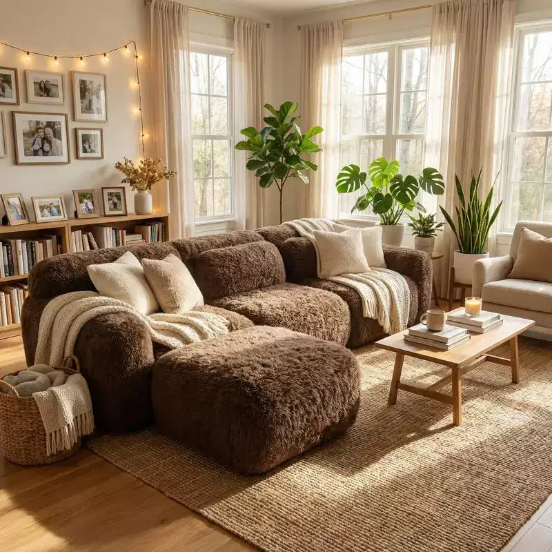 Canapé sectionnel modulaire en peluche FurnitureR avec ottoman, canapé nuage à assise profonde, en forme de L, rembourré pour salon, grand canapé moderne, marron