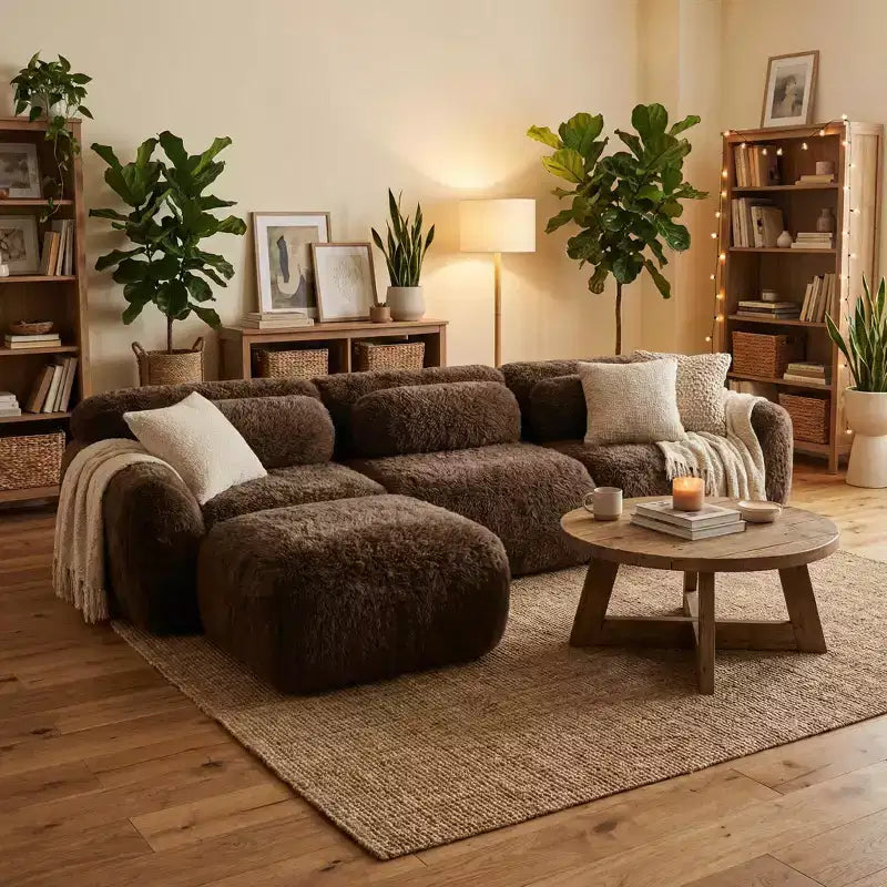 Canapé sectionnel modulaire en peluche FurnitureR avec ottoman, canapé nuage à assise profonde, en forme de L, rembourré pour salon, grand canapé moderne, marron