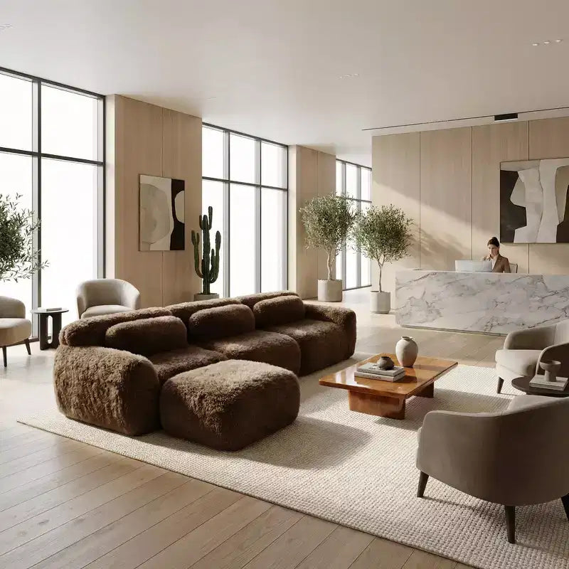 Canapé sectionnel modulaire en peluche FurnitureR avec ottoman, canapé nuage à assise profonde, en forme de L, rembourré pour salon, grand canapé moderne, marron